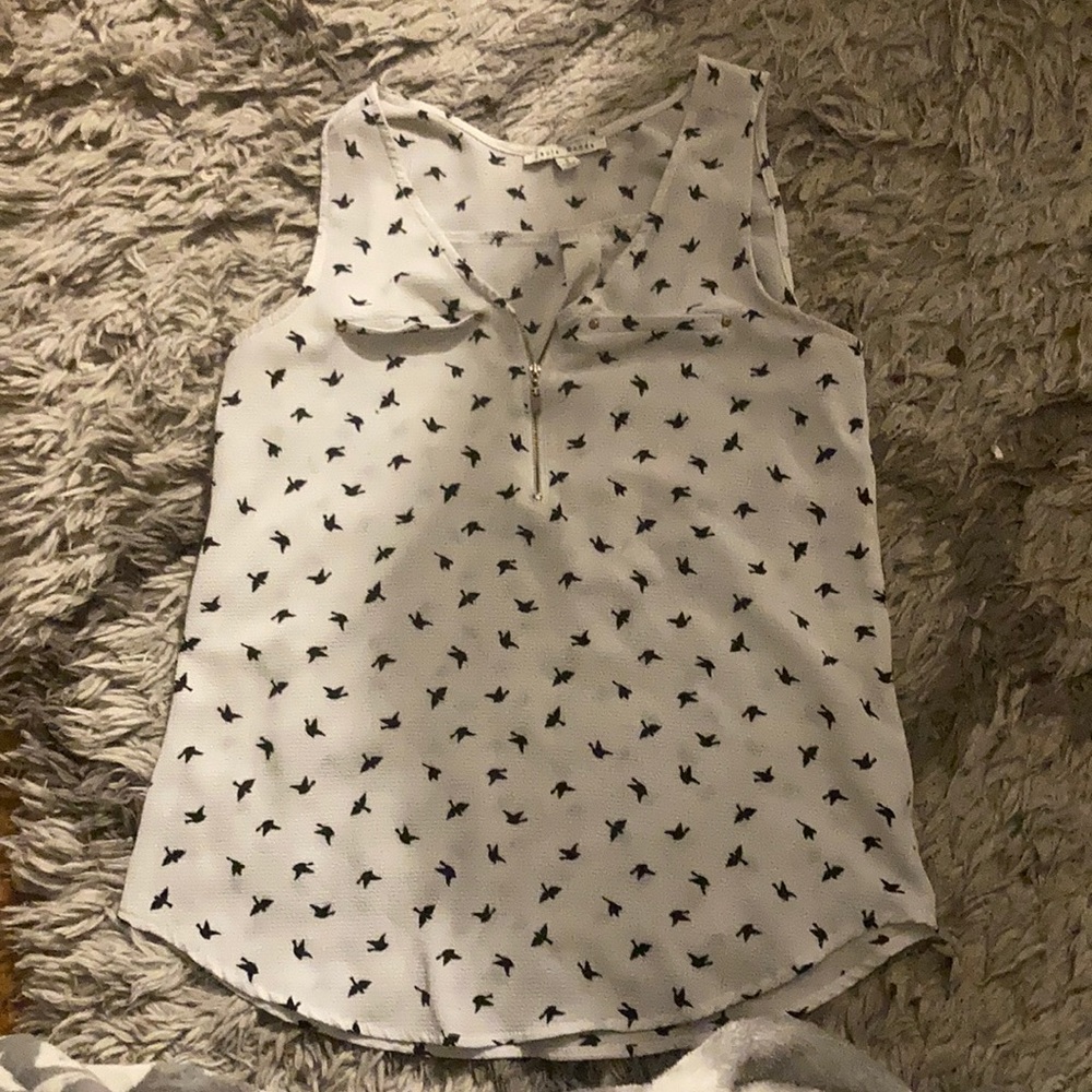 White tank with navy blue birds